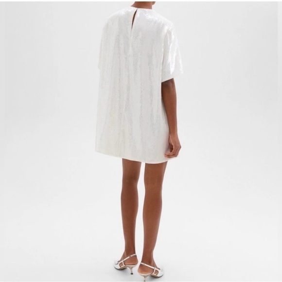 Theory Sequin T-Shirt Mini Dress Oversized White Small Chic Holiday Bridal Party - Picture 3 of 16